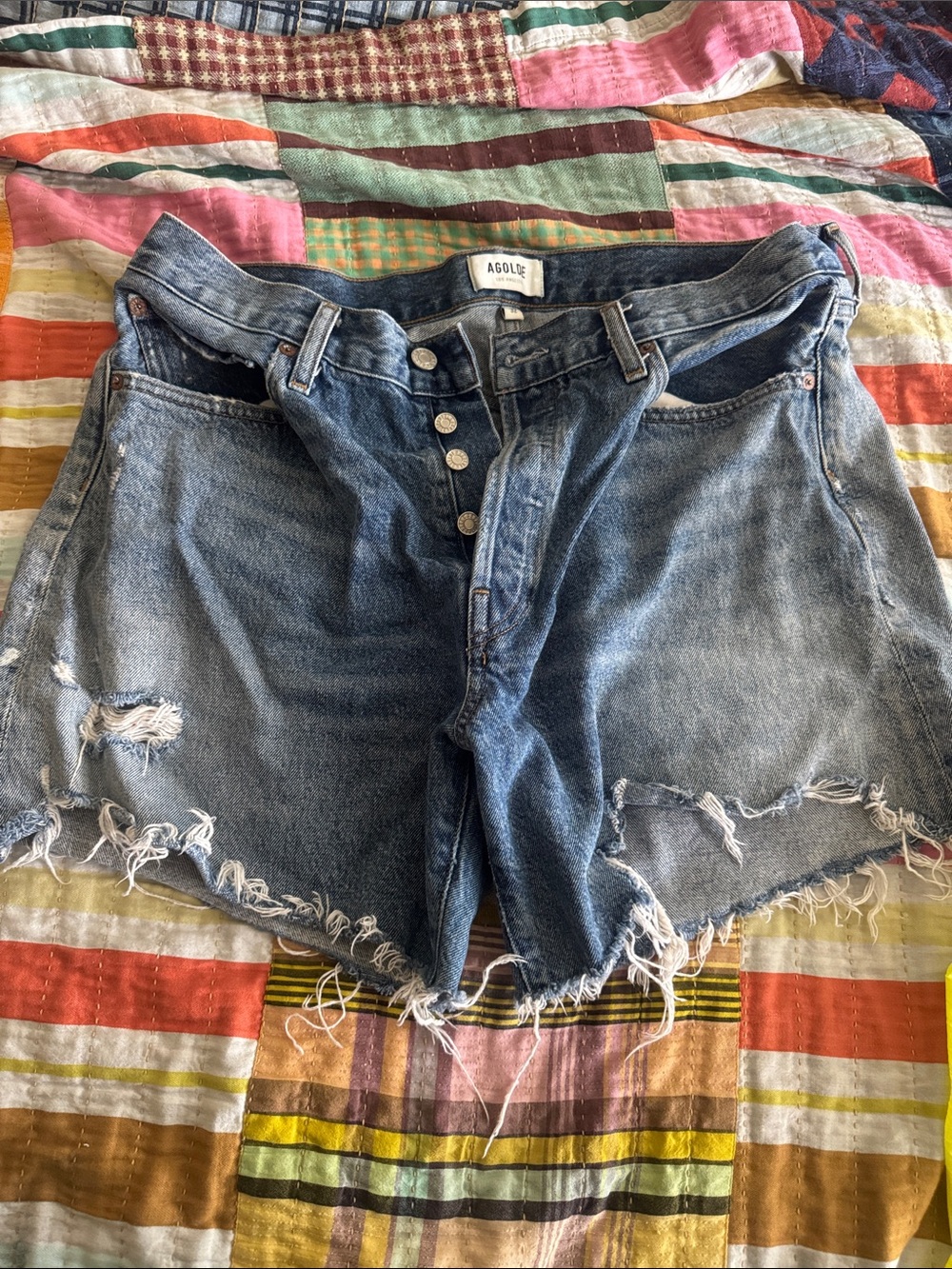 AGOLDE Blue Distressed High-Rise Denim Shorts Parker 32